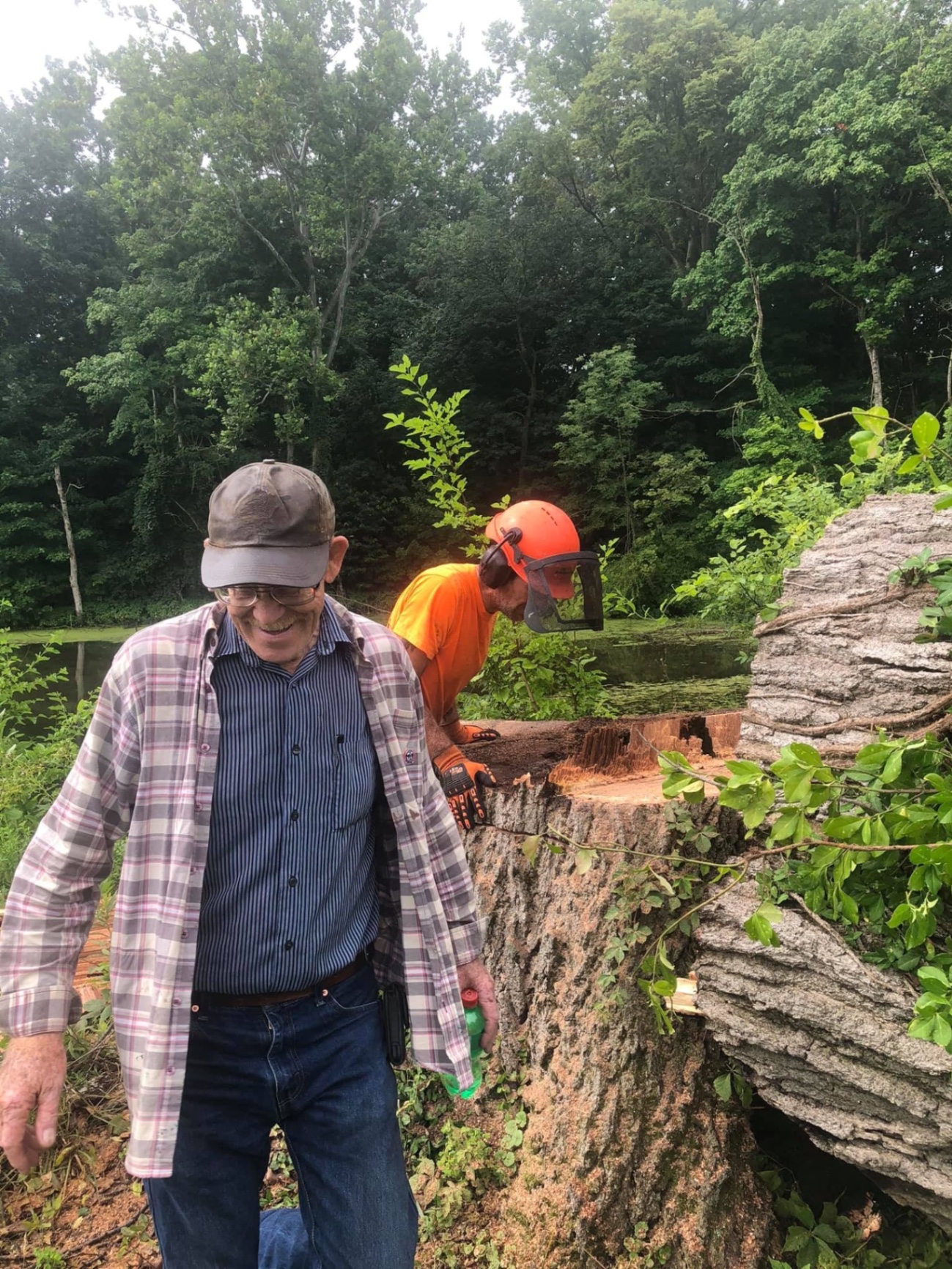 Members working with a chainsaw beside the pond on a club work day