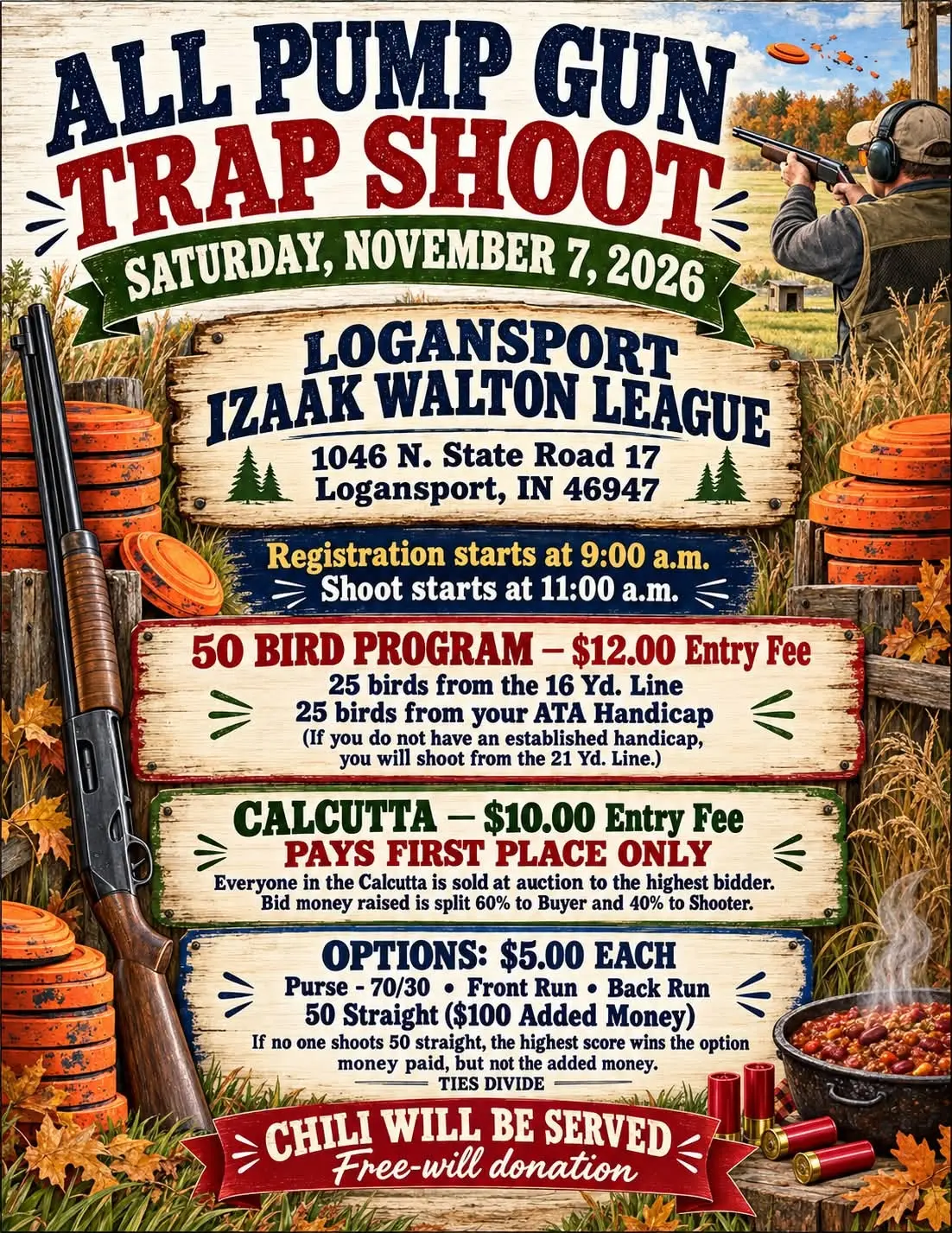 All Pump Gun Trap Shoot — Saturday, November 7, 2026 at Logansport Izaak Walton League